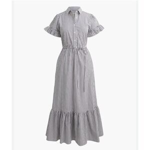 New The Loft Maxi Shirt Dress Blue White Stripe Ruffle Hem Tie Waist- Small